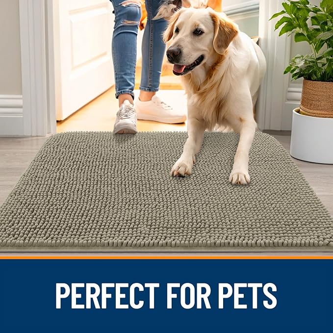OLANLY Dog Door Mat for Muddy Paws 59x35, Absorbs Moisture and Dirt, Absorbent Non-Slip Washable Doormat, Quick Dry Chenille Mud Mat, Entry Indoor Entryway Carpet for Inside Floor, Warm Taupe