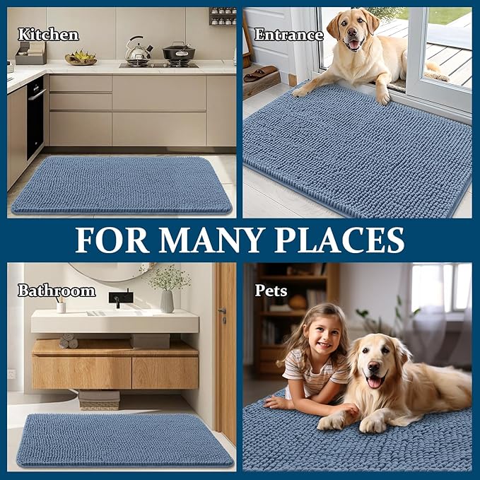 OLANLY Dog Door Mat for Muddy Paws 36x24, Absorbs Moisture and Dirt, Absorbent Non-Slip Washable Doormat, Quick Dry Chenille Mud Mat for Dogs, Entry Indoor Entryway Carpet for Inside Floor, Airy Blue