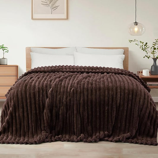 Exclusivo Mezcla Twin Size Flannel Fleece Blanket, Super Soft Striped Jacquard Bed Blanket, Lightweight Fuzzy Cozy for All Seasons, 60x80 Inches, Coffee