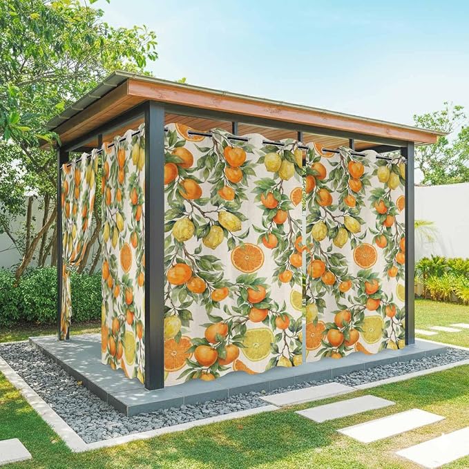 Lemons Yellow Orange Summer Plant Linen Outdoor Curtains by Unknown