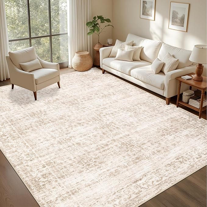 Area Rugs 9x12 Living Room Rug: Washable Rug Soft Vintage Boho Carpet Indoor Floor Non-Slip Stain Resistant Large Carpets for Bedroom Dining Room Farmhouse Nursery Home Office Beige