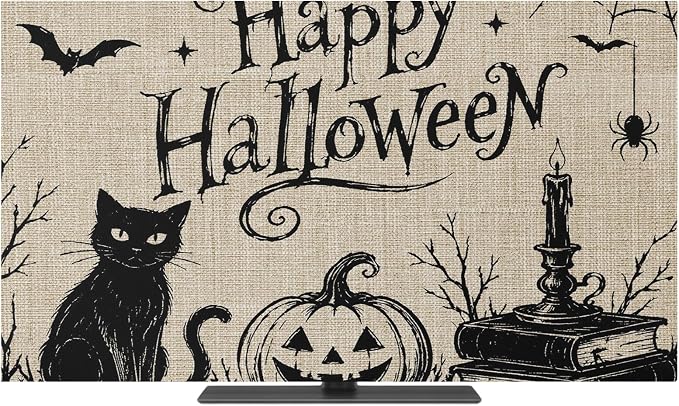 Happy Halloween Black Cat Smile Pumpkins Indoor TV Cover, Elastic TV Screen by Unknown