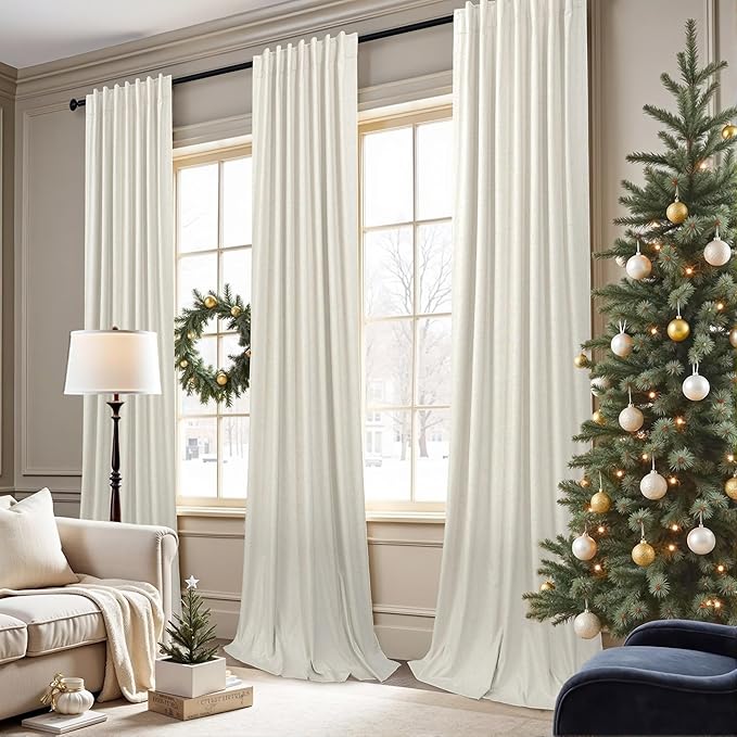 Pitalk Extra Wide Curtains 60 Inches Wide for Living Room 84 Inch Length 2 Panels Thick Back Tab Pleated Cream Linen Blackout Dark Out Sliding Door Window Curtains Thermal Privacy Drapes 60x84 Long