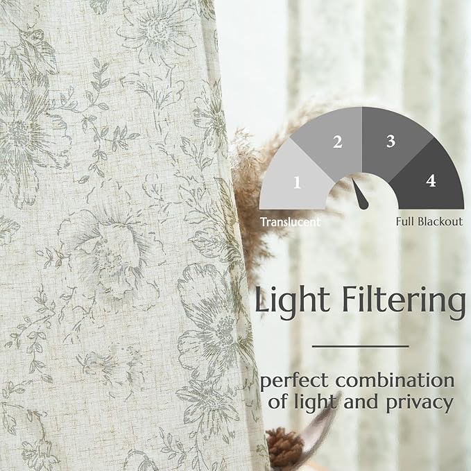 jinchan Linen Floral Curtains 84 Inch Length for Living Room Bedroom Light Filtering Farmhouse Peony Flower Drapes Rustic Window Curtain Set Rod Pocket Back Tab 2 Panels Green