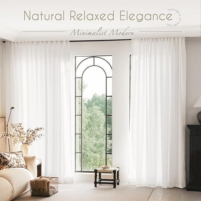 Extra Long White Curtain 132 inches Long 2 Panels Set Back Tab Light Filtering Cotton Textured Curtain Modern Farmhouse Coastal Decor Off White Linen Drapes 132 inch Length for Large Window 11 FT Tall