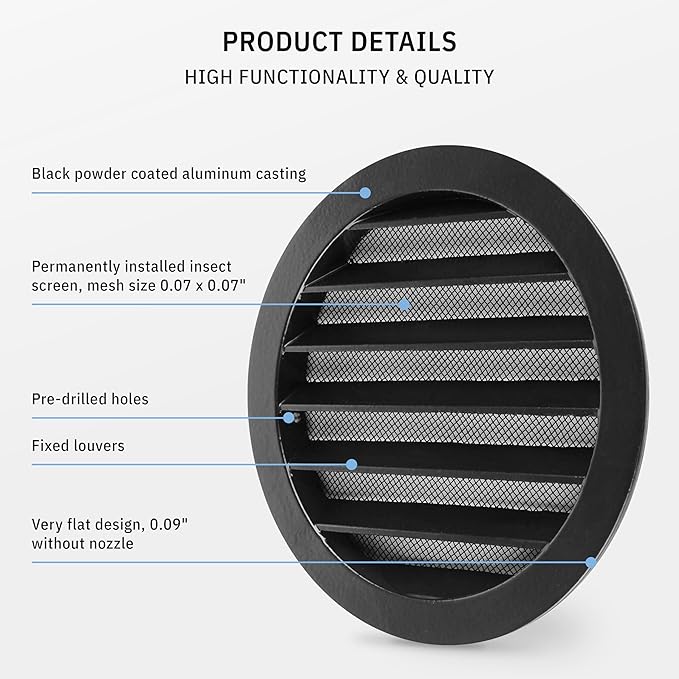 calimaero® WSGB 6" Inch Black Round Metal Air Vent Grill Cover Flat Louver - Image 4