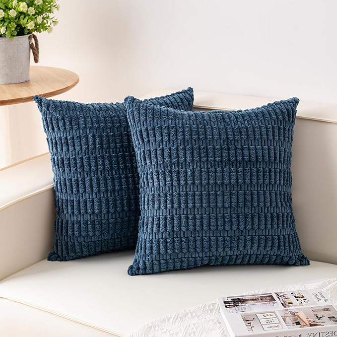 Pack of 2 Corduroy Decorative Throw Pillow Covers 16x16 Inch Soft Striped Pillow Covers Modern Farmhouse Home Decor for Sofa Living Room Couch Bed（Teal）