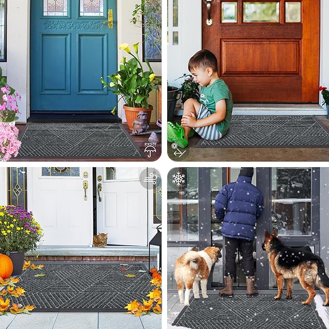 Smiry Front Door Mat Outside Entrance, Heavy Duty Sturdy Natural Rubber Doormat, Trap Dirt and Moisture, Easy Clean Low Profile Mats for Indoor Outdoor Entry, Irregular Triangle (47x32, Grey)