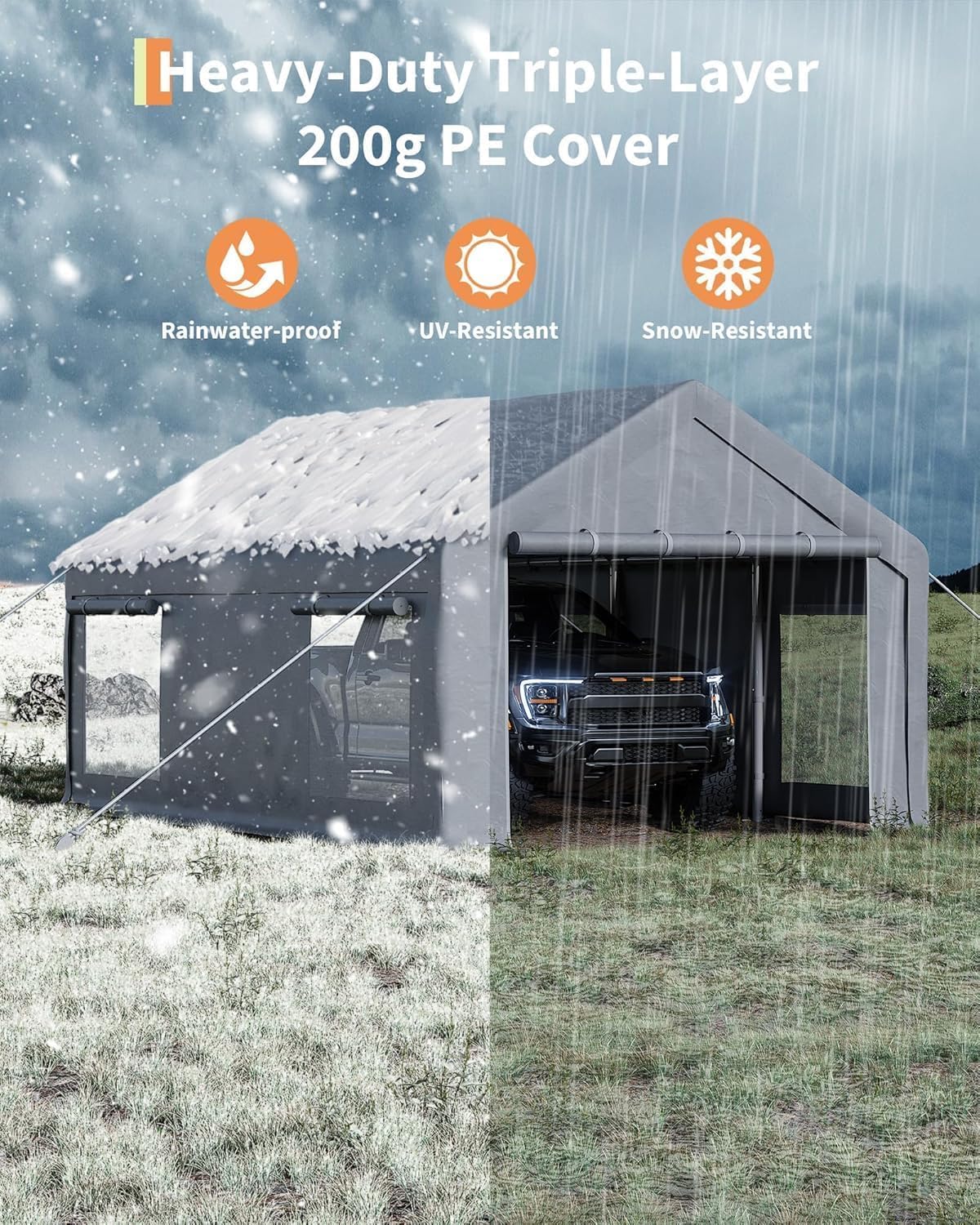 12 x 20FT Heavy Duty Carport with Roll-Up Windows, Portable Garage with Removable Sidewalls & Doors, Portable Car Tent Garage with Roll-Up Windows and All-Season Tarp, for Car, Truck,