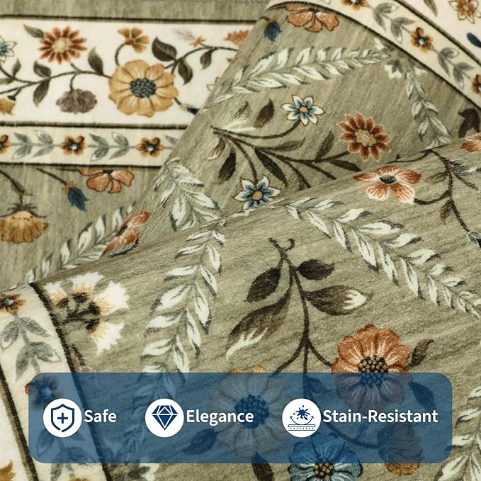 Runner Rug for Hallway Entryway 2.5x8 Farmhouse Floral Non-Slip Machine Washable Kitchen Rug Runner Non-Shedding Low-Pile Soft Long Carpet for Entrance Laundry Room Green