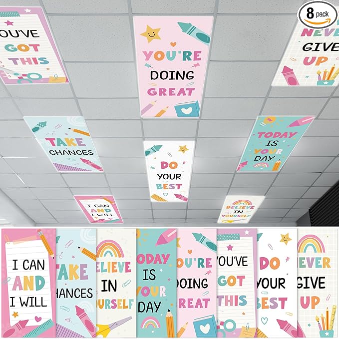 8Pcs Classroom Light Covers for Fluorescent Lights, Pastel Positive Rainbow by Hallswl