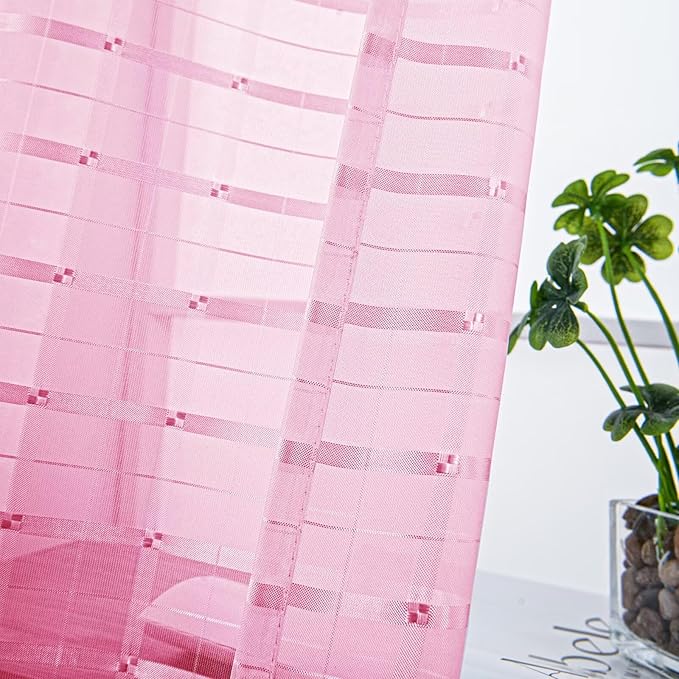 SpaceDresser Check Sheer Curtains 84 Inches 2 Panels Set, Rod Pocket Plaid Window Curtain for Living Room, Pink Semi Sheer Drapes for Kitchen Bedroom Children Room Yard（Pink, 52W x 84L）