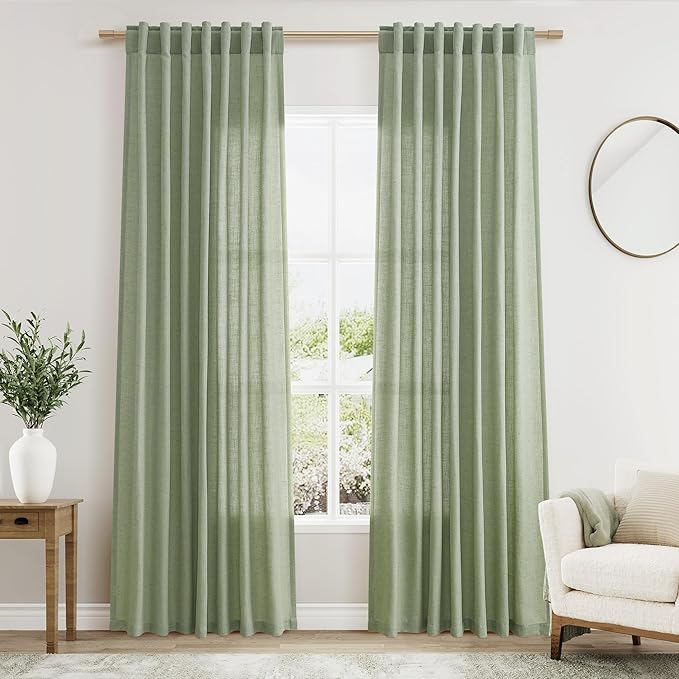 Nanspringt Light Sage Linen Semi Sheer Curtains 80 Inch Length for Living Room Lightweight Door Drapes 2 Panels Set for Bedroom Light Filtering Back Tab Rod Pocket Curtain Protect Privacy 52x80