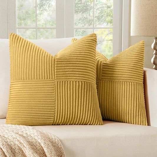 MIULEE Golden Mustard Decorative Throw Pillow Covers 16x16 Inch for Couch Bed Sofa Pack of 2 Boho Farmhouse Throw Pillows Soft Cross Corduroy Patchwork Textured Cushion Cases