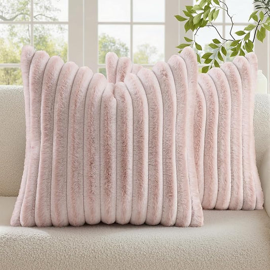 decorUhome Summer Cozy Faux Fur Throw Pillow Covers 26x26 Set of 2 Decorative Plush Striped Modern Farmhouse Boho Couch Euro Sham Pillow Cases with Velvet Back for Sofa Bed Living Room, Pink White