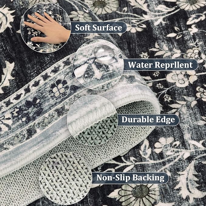 Yamaziot Washable Runner Rug 2x3 – Non Slip Small Entryway Rug Boho Floral Rug with Rubber Backing, Low Pile Faux Wool Distressed Carpet for Indoor Door Mat, Kitchen, Laundry Entrance, Navy/Black