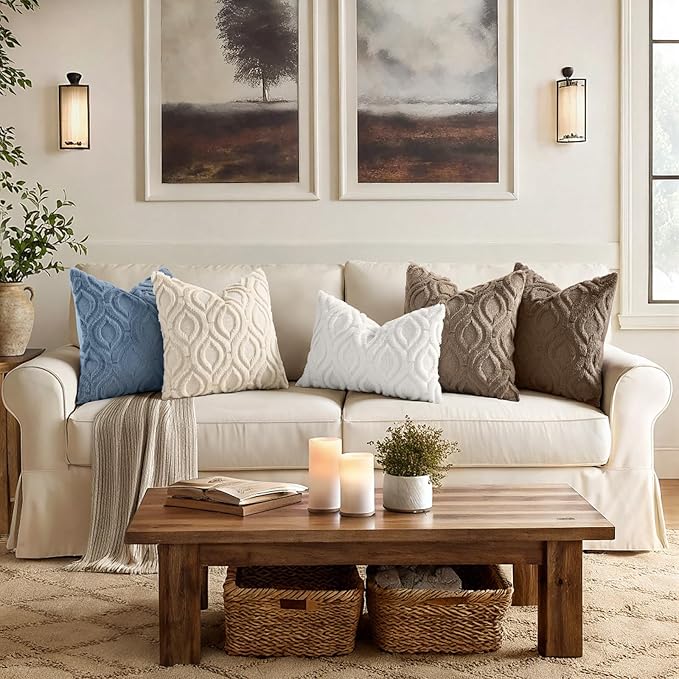 decorUhome Throw Pillow Covers 12x20 Inch Set of 2, Soft Plush Faux Wool Blue Solid Couch Pillow Covers, Accent Farmhouse Neutral Rectangle Pillow Cases for Sofa Bed Living Room