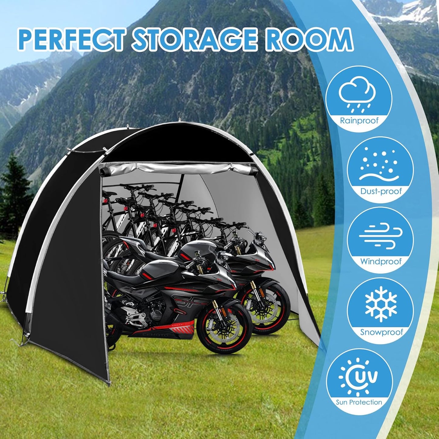 11.5'*6.9'*5.4' Bike Storage Shed Tent, Outdoor Portable Bike Storage, 210D Oxford Fabric PU4000 Waterproof, 2 Rolling Doors, Store 4~8 Bikes, Motorcycles or Large Motorcycles, Without Floor