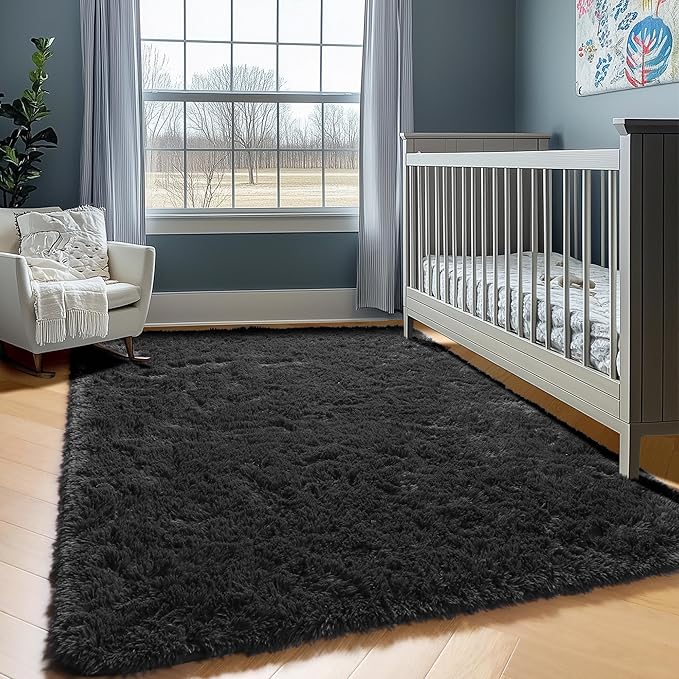 ONASAR Black 8x10 Area Rugs for Living Room, Large Fluffy Shag Bedroom Rug, Ultra Soft Thick Shaggy Floor Big Indoor Carpets for Kids Boys Girls Teen Nursery Dorm Modern Home Decor Aesthetic