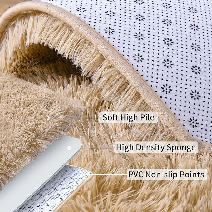 Soft Runner Rugs for Bedroom Hallways, 2 Packs 2x3 Beige Fluffy Shag Throw Area Rug Non Slip for Bedside Dorm, Long Shaggy Furry Carpet for Nursery Living Room
