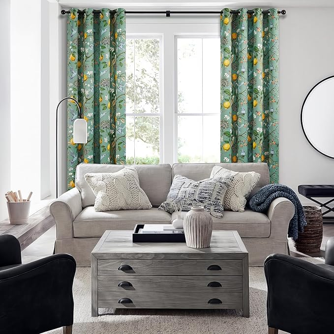Topfinel 90 Inches Long Curtains,Whimsical Woodland Leaf Jungle Forest Flower Hummingbird Victorian Grommet Thick Sage Green Curtains Two Pages for Balcony Sliding Glass Office Bedroom Living Room