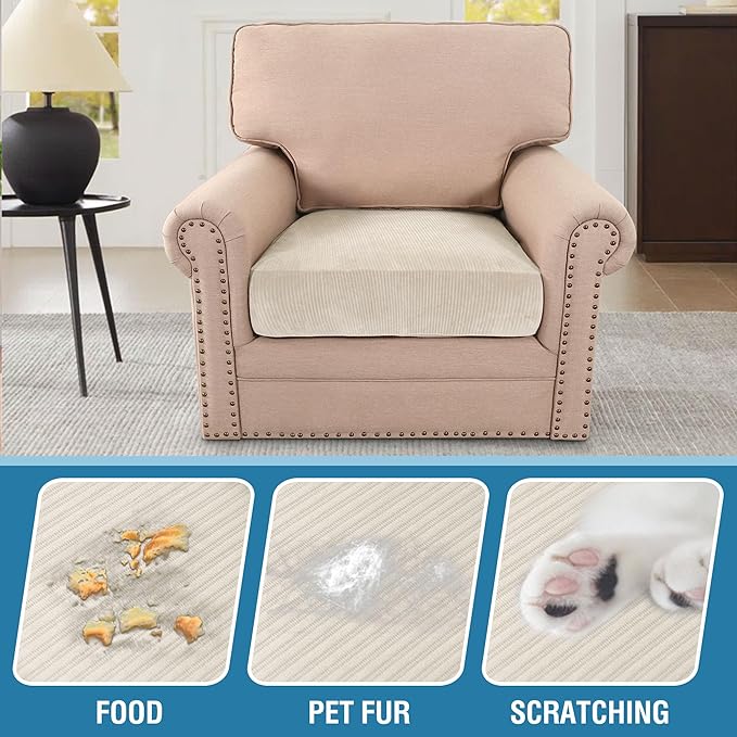 H.VERSAILTEX Velvet Stretch Couch Cushion Cover Plush Cushion Slipcover for Chair Cushion Furniture Protector Seat Cushion Sofa Cover (1 Piece Armchair Cushion Covers, Ivory Striped)