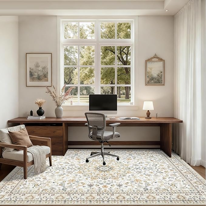4x6 Area Rugs for Living Room: Washable Rug Soft Vintage Boho Carpet Indoor Floor Non-Slip Stain Resistant Floral Large Carpets for Bedroom Dining Room Farmhouse Nursery Home Office Beige