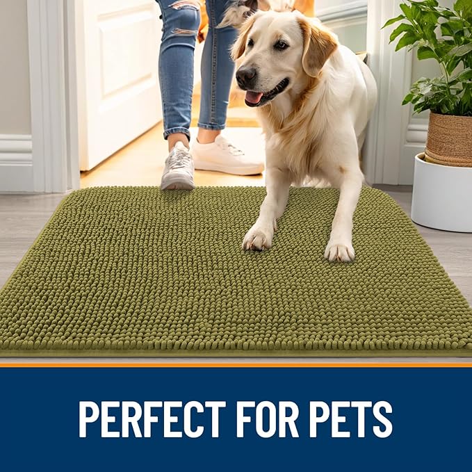 OLANLY Dog Door Mat for Muddy Paws 59x35, Absorbs Moisture and Dirt, Absorbent Non-Slip Washable Doormat, Quick Dry Chenille Mud Mat, Entry Indoor Entryway Carpet for Inside Floor, Willow Green