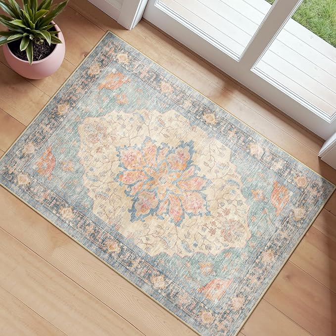 Area Rugs 2'6''x4' Kitchen Rugs Entry Rug Small Rugs for Entryway Kitchen Bathroom Door Mat Indoor Entrance,Washable Non Slip, Blue Orange Red