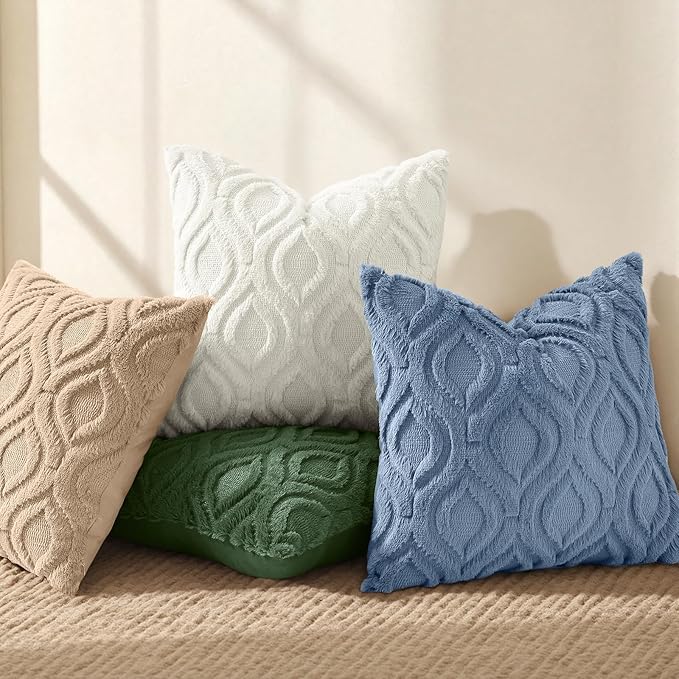 decorUhome Throw Pillow Covers 18x18 Inch Set of 2, Soft Plush Faux Wool Blue Solid Couch Pillow Covers, Accent Farmhouse Neutral Square Pillow Cases for Sofa Bed Living Room