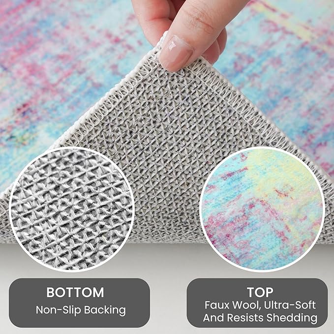 IOHOUZE Small Abstract Area Rug 2x3 Ft Entryway Rugs Washable Door Mat Indoor Entrance, Rubber Backed Throw Rugs, Printed Faux Wool Non Slip Floor Carpet for Foyer Front Door Sink, Pink Teal