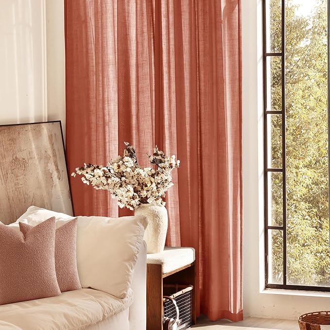 90 inch Linen Terracotta Curtains 2 Panels for Living Room Back Tab Light Filtering Semi Sheer Rust Colored Curtains 90 inches Long Soft Thick Cotton Cloth Textured Rustic Boho Farmhouse Room Decor