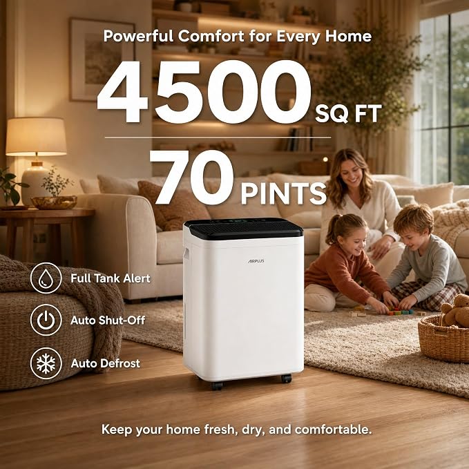 AIRPLUS 70 Pints Dehumidifiers for Home, 5500 Sq. Ft Dehumidifier for Basement - Image 2