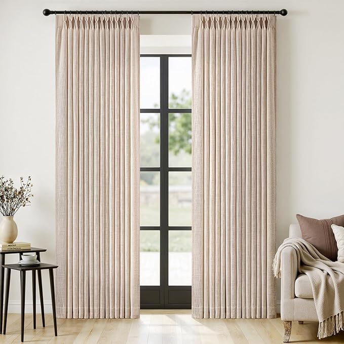 MIULEE Pinch Pleated Thick Linen Curtains 96 Inches Long 2 Panels for Living Room Bedroom, Memory Trained Pleat Drapes Light Filtering Sand Beige Semi Sheer Window Curtains Hooks Rings Back Tab