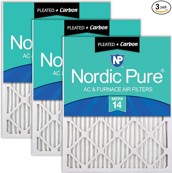 Nordic Pure 25x25x1 Pleated MERV 14 Plus Carbon Air Filters 3 Pack | Actual by NordicPure