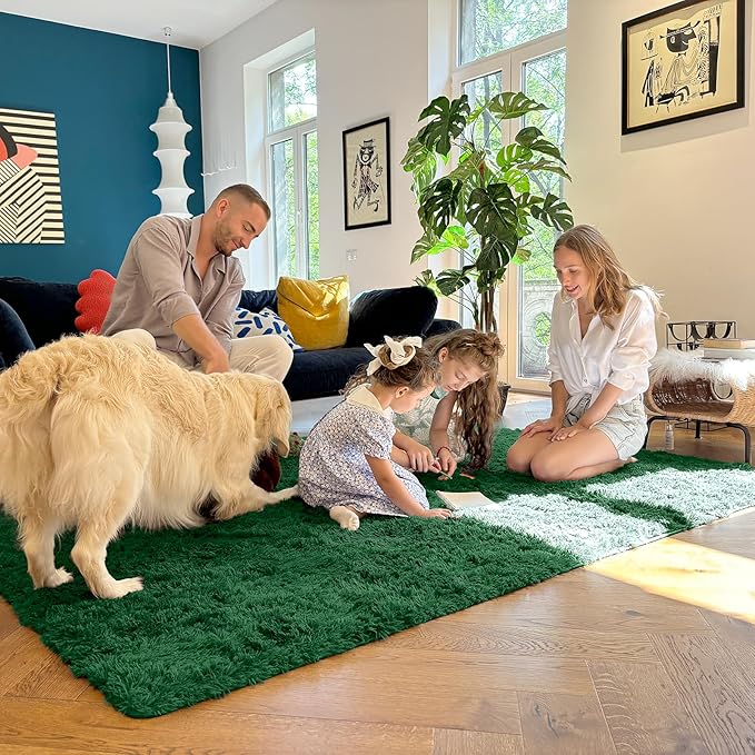OLANLY 6x9 Machine Washable Large Area Rugs for Living Room, Bedroom, Soft Fluffy Shaggy Bedside Rug, Indoor Floor Carpet for Kids Girls and Boys, Dorms, Nursery, Home Decor Aesthetic, Dark Green