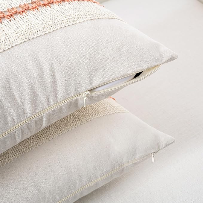 Fancy Homi Set of 1 Boho Coral Decorative Throw Pillow Cover 16x16 Inch for Couch Bed Sofa, Aesthetic Modern Organic Farmhouse Home Decor, Soft Cotton Cute Accent Macrame Woven Cushion Case