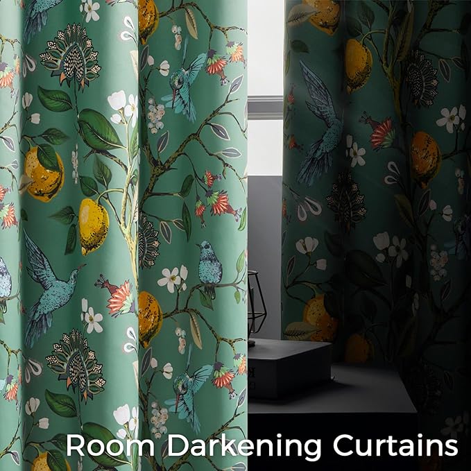 Topfinel 60 Inches Long Custom Sage Green Luxury Curtains for Living Room Bedroom, Blackout Vintage Victorian Curtains Floral Lemon Hummingbird Printed Grommet Drape 60 Inch Length