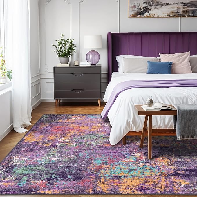 Washable Area Rugs 6'x9' Non-Slip Modern Abstract Soft for Living Room Entryway Bedroom Nursery, Print Pattern, Purple Orange Blue Green Rust Red Colorful