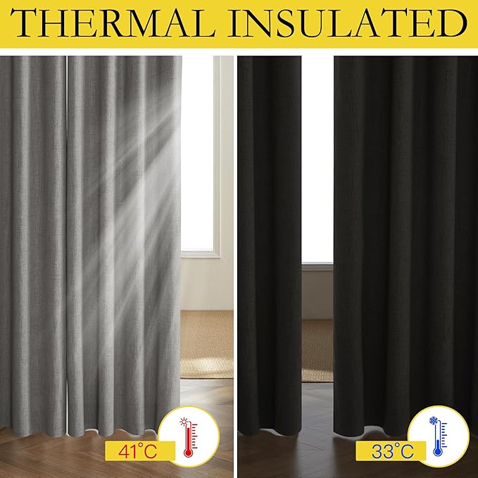 NICETOWN Grizzle Gray Vintage Linen 100% Blackout Curtains for Living Room, Thermal Insulated Curtains 95" Long, Noise Reducing Window Treatment Drapes for Bedroom, 52" Wide Per Panel, Set of 2