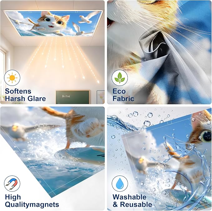 2 Pack Cute Surfing Cat Decorative Ceiling Light Covers, Magnetic 4x2 Ft - Image 3
