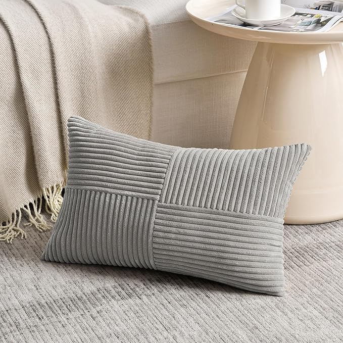 Fancy Homi 2 Packs Grey Lumbar Decorative Throw Pillow Covers 16x28 Inch for Living Room Couch Bed Sofa, Rustic Farmhouse Boho Home Decor, Soft Striped Corduroy Rectangle Accent Cushion Case 40x70 cm
