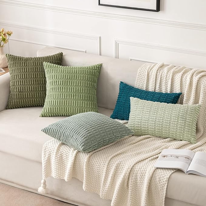 MIULEE Pack of 2 Spring Corduroy Decorative Throw Pillow Covers 16x16 Inch Soft Boho Striped Pillow Covers Modern Farmhouse Home Decor for Summer Sofa Living Room Couch Bed Olive Green