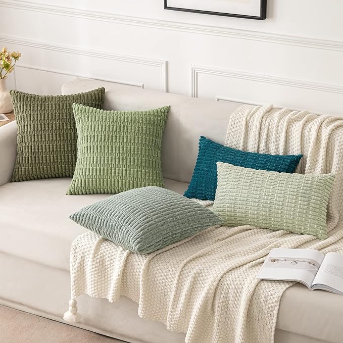 MIULEE Pack of 2 Spring Corduroy Decorative Throw Pillow Covers 20x20 Inch Soft Boho Striped Pillow Covers Modern Farmhouse Home Decor for Summer Sofa Living Room Couch Bed Olive Green