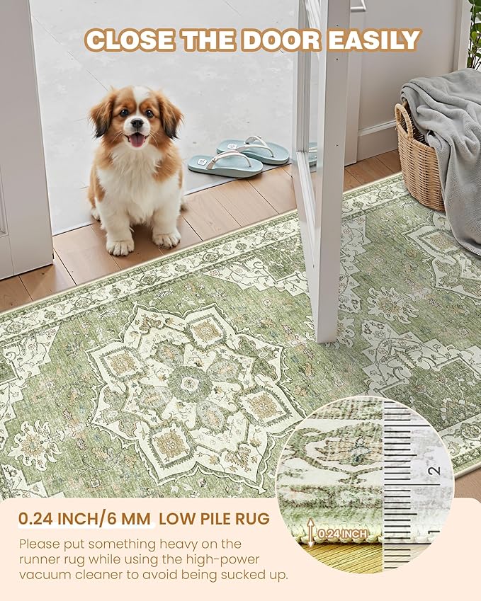 Runner Rug 2x10, Ultra-Thin Kitchen Rugs Non Slip Washable Rugs for Entryway Rug, Kitchen Runner Low Pile Vintage Soft Carpets for Living Room, Bathroom Bedroom (Light Green,2'x10')