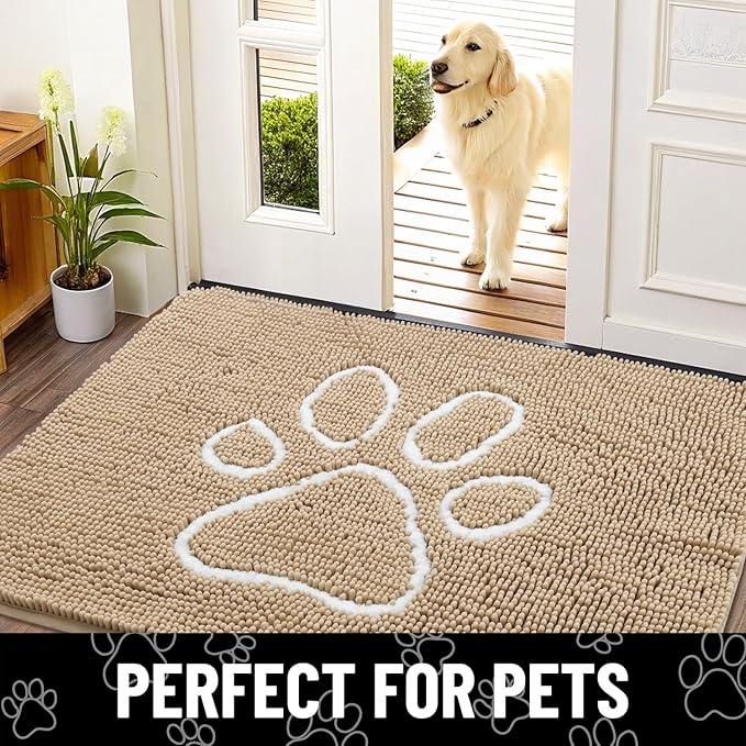 Smiry Dog Door Mat for Muddy Paws, Absorbent Dirt Trapper Non Slip Quick Dry Washable Chenille Mat for Mud Dogs, Entry Rug for Indoor and Outdoor (59x35 Inches, Beige and White)
