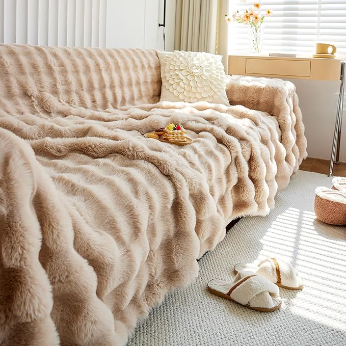HANDONTIME Plush Sofa Slipcovers Washable Couch Cover for Sofa Super Soft Faux Fur Sofa Covers for 3 Couch Cousion Soild Khaki Rabbit Plush Couch Cushion Covers for Kids Pets, 71" X150"