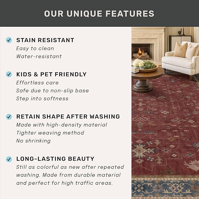 Dark Red 2'6''x8' Wide Hallway Runner Rug - Washable Kitchen Sink Rug, Non Slip 8ft Long Runner Rug for Entryway, Burgundy Turkish Floral Print Home Décor