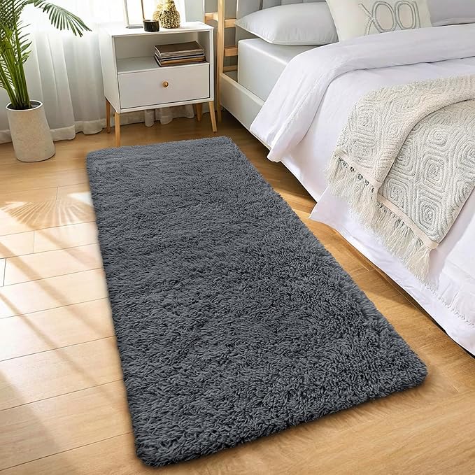 OLANLY 2x10 Machine Washable Runner Rugs for Hallway, Soft Fluffy Shaggy Bedside Rugs for Bedroom, Living Room, Indoor Floor Carpet for Kids Girls and Boys, Nursery Rooms, Home Decor Aesthetic, Grey