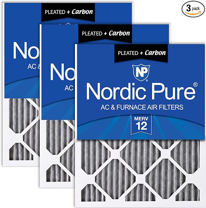 Nordic Pure 20x25x1 Pleated MERV 12 Plus Carbon Air Filters 3 Pack | Actual by NordicPure